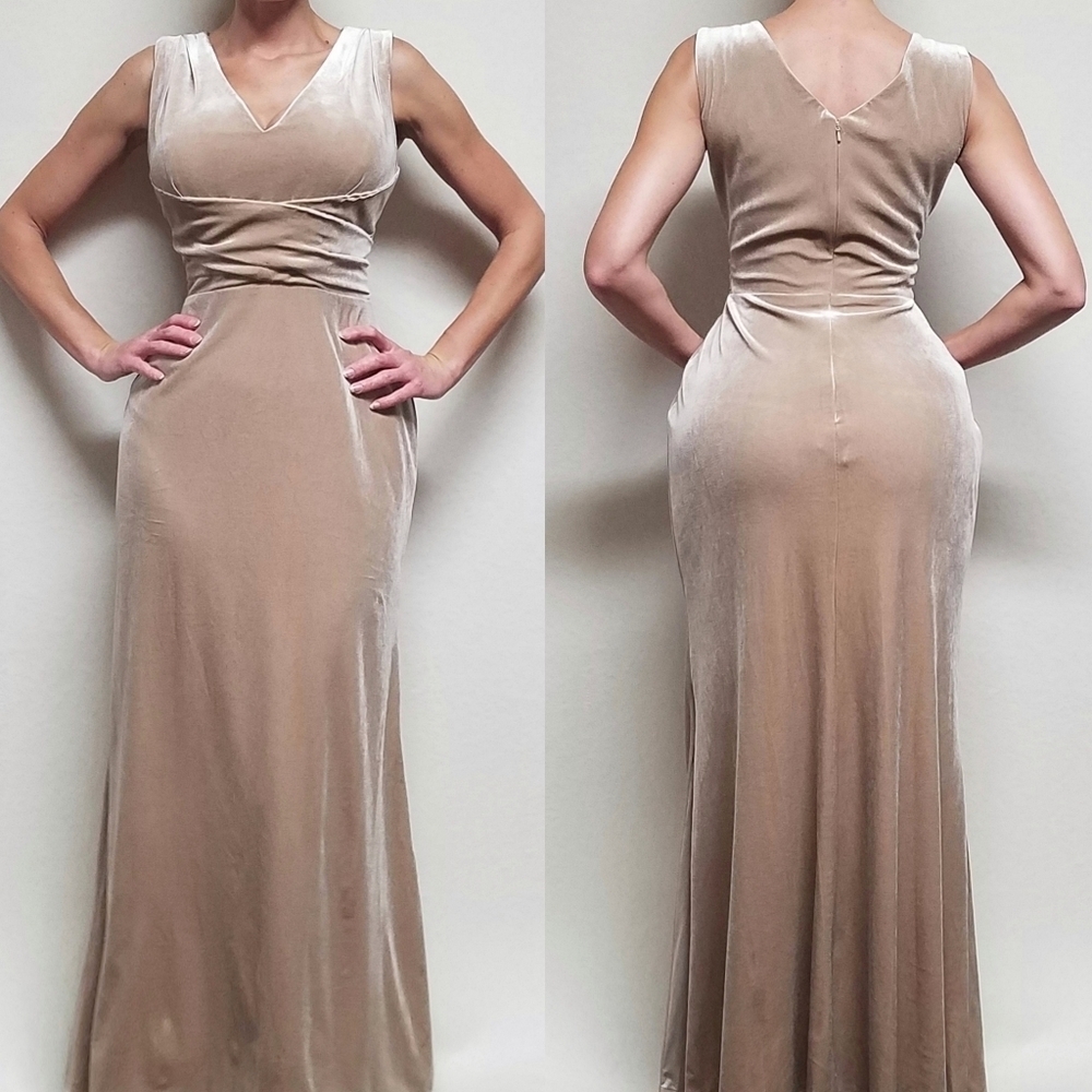 Handmade Vintage Champagne Velvet Ruched Waist V-neck Side Slit Maxi Dress Large